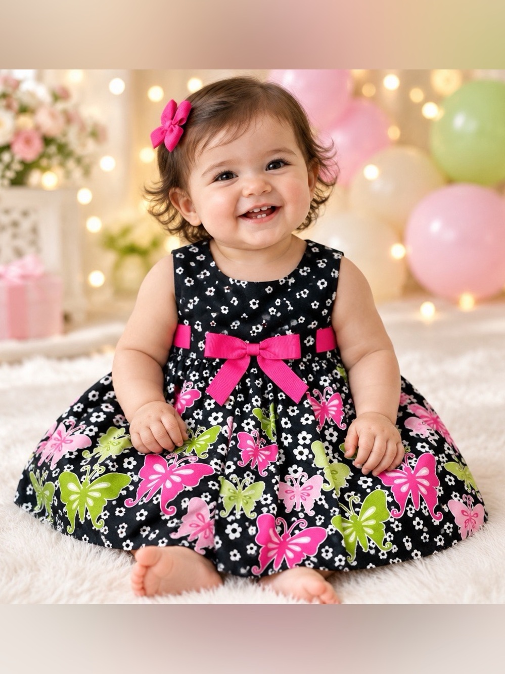 Ashley Ann Black Dress with Pink Bow and Green Butterfly Print Girl 12 Months